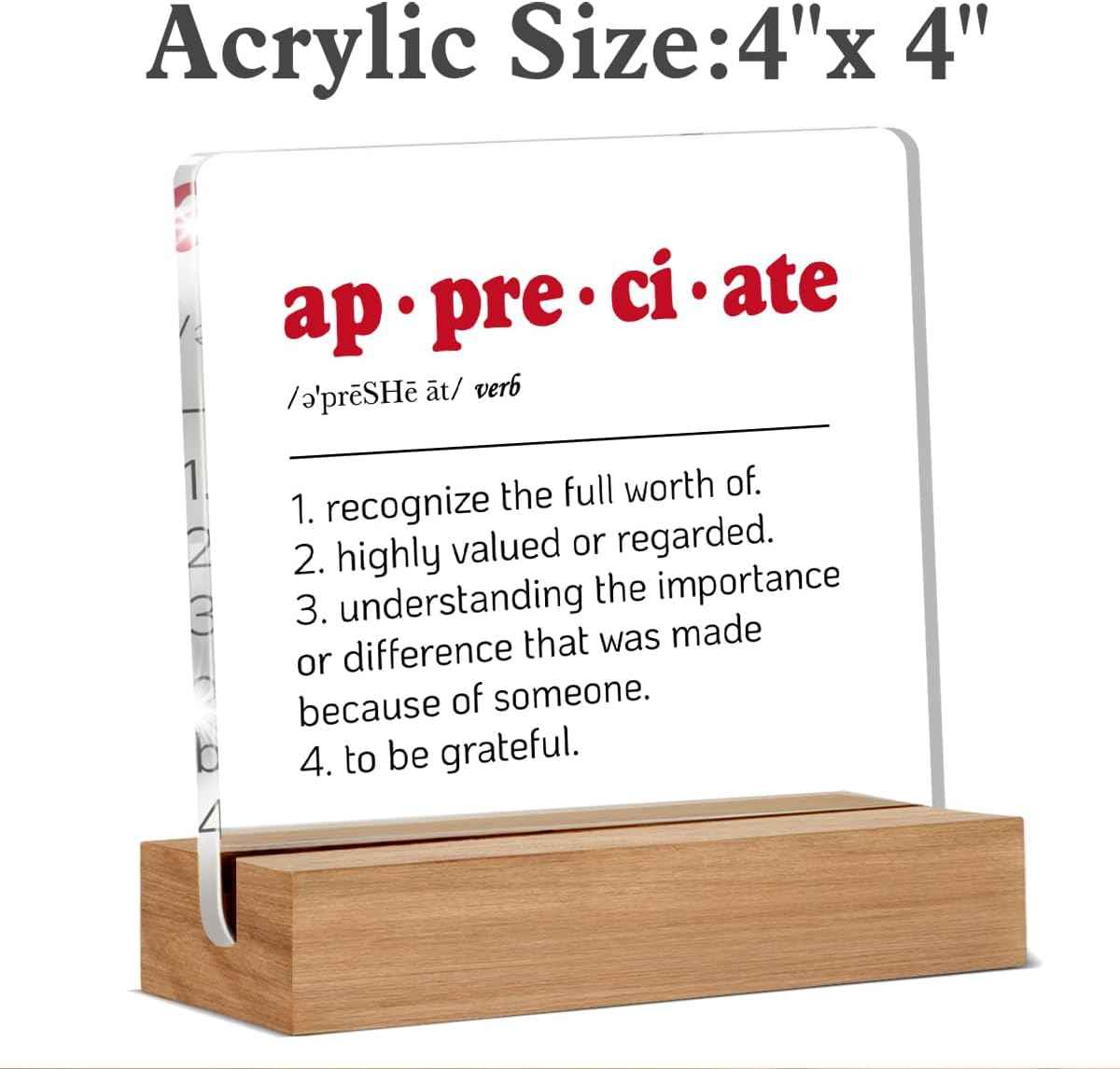 Appreciation Gifts, Appreciation Gifts for Coworkers, Friends, Thank You Gifts for Women, Men, Appreciate Definition Acrylic Sign, Desk Decor 4 x 4 Inches