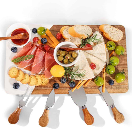 Acacia Wood & Marble Charcuterie Board Set, Cheese Board Platter Tray with 4 Knives 2 Bowls & 2 Spoons, Serving Tray Platter for Wine Night Parties Hosting Weddings Housewarming Gifts