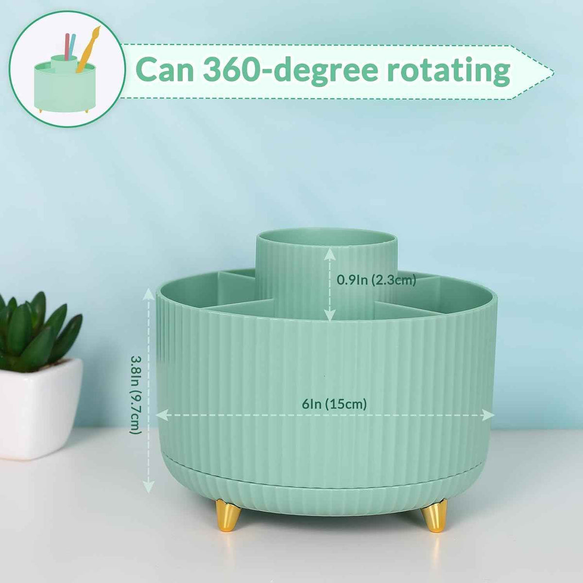 SKYDUE 360 Degree Rotating Desk Organizer, Dual-Purpose Pencil Pen Holder for Desktop, Rotating Desk Pen Organizer with 5 Slots, Pencil Cup for School, Home, Office Supplies (Bean Green)
