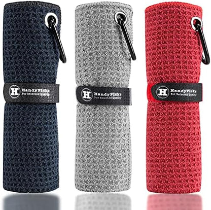 Microfiber Golf Towel, 16" x 16", Waffle Pattern with Clip, 3-Pack