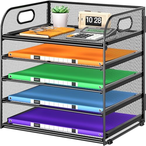 Cawukege 5 Tier Paper Organizer with Handle, Black Metal Mesh Desk