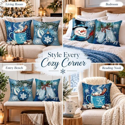 Winter Christmas Pillow Covers Set of 4 16x16 Inch Blue Snowman