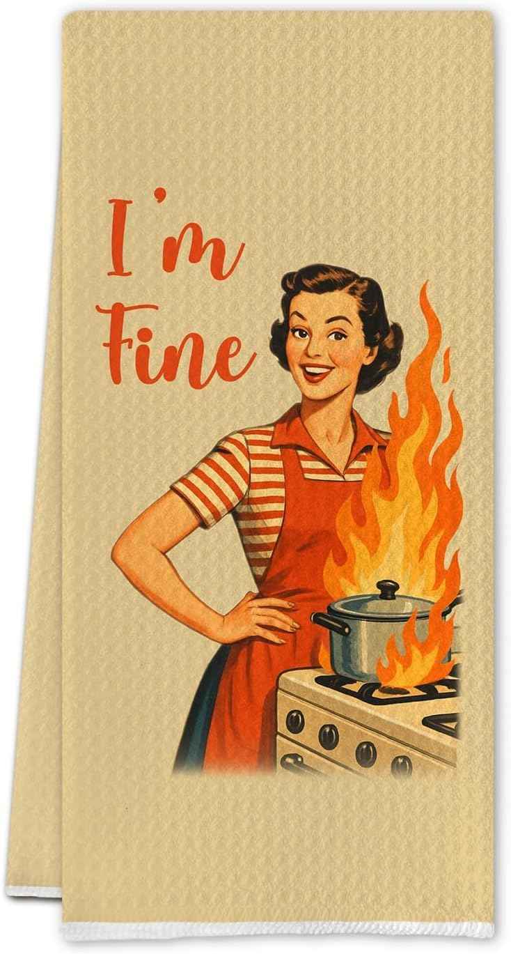 Funny Housewife Kitchen Towels, Retro Housewife Sarcastic Hand Towel for Kitchen Decor, I'm Fine Hostess Gift, 16x24 Inch