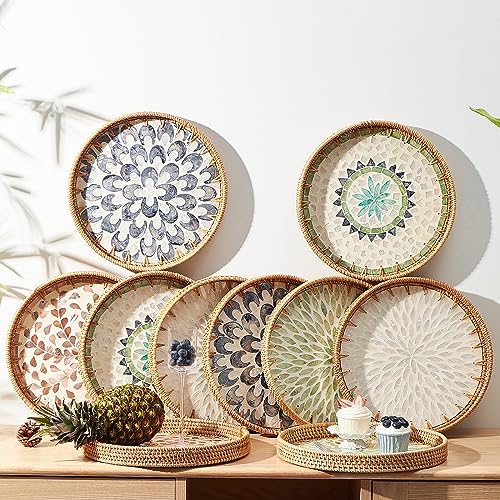 Round Rattan Tray with Mother of Pearl Inlay, Rattan Serving Tray with