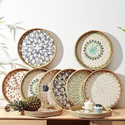 Round Rattan Tray with Mother of Pearl Inlay, Rattan Serving Tray with