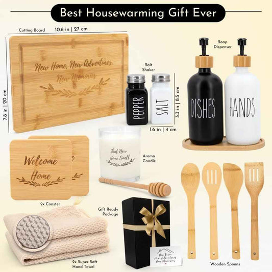 Happy Banana House Warming Gifts New Home – Home Essentials for New Home Gift Set Includes Scented Candle, Bamboo Cutting Board, Soap Set, Towels, Salt and Pepper Shaker – Luxury New House Must Haves