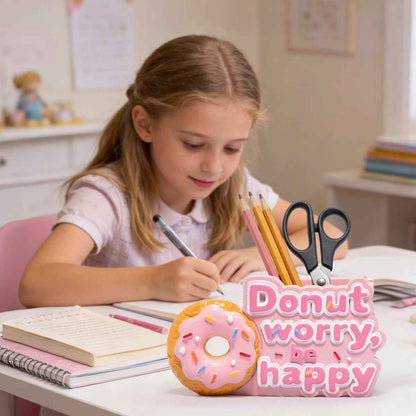 ZAWUU Donut Shaped Organizer - Cute Pink Resin Donut Worry, Be Happy Multi-Use Holder for Pens, Makeup Brushes, Utensils, and More – Perfect Desk or Kitchen Accessory Gift