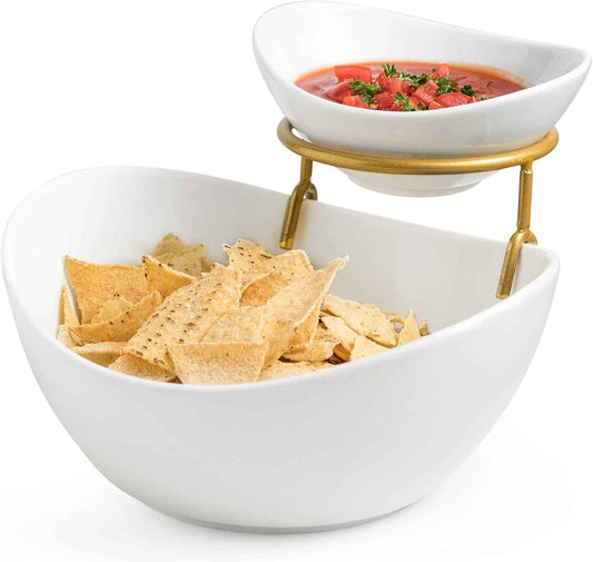 Miamolo 2 Tier Serving Bowl Set and Removable Rack for Chip and Dip | Ceramic Serving Dishes Set with 2 Compartment, for Snacks, Appetizer, Salad, Fruit | Microwave & Dishwasher Safe, Gold Stand