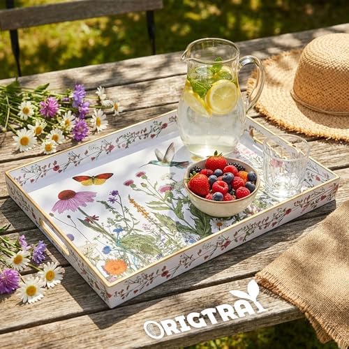 Serving Tray with Handles, Rectangular Plastic Tray 15.75x11.81 Inch