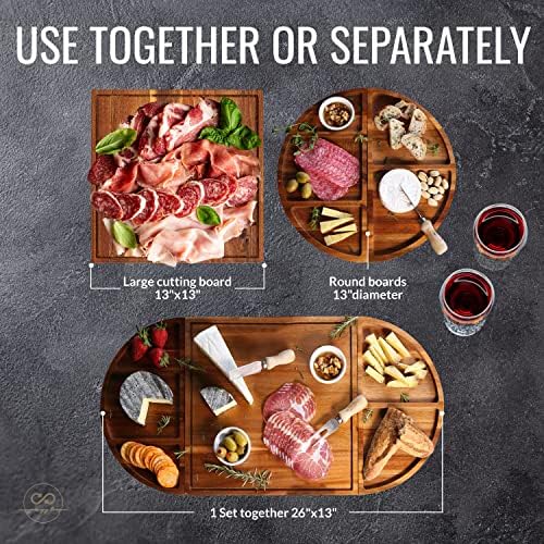 Large Charcuterie Board Set - 3 Part Unique Long & Round - Magnetic