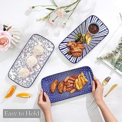 Selamica Ceramic 12 Inch Serving Platters Set of 4, Vintage Blue