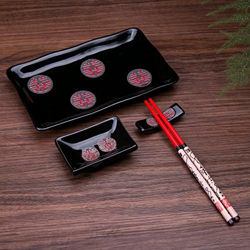 4 Pcs Japanese Sushi Plate Dinnerware Set Black With Chinese Double