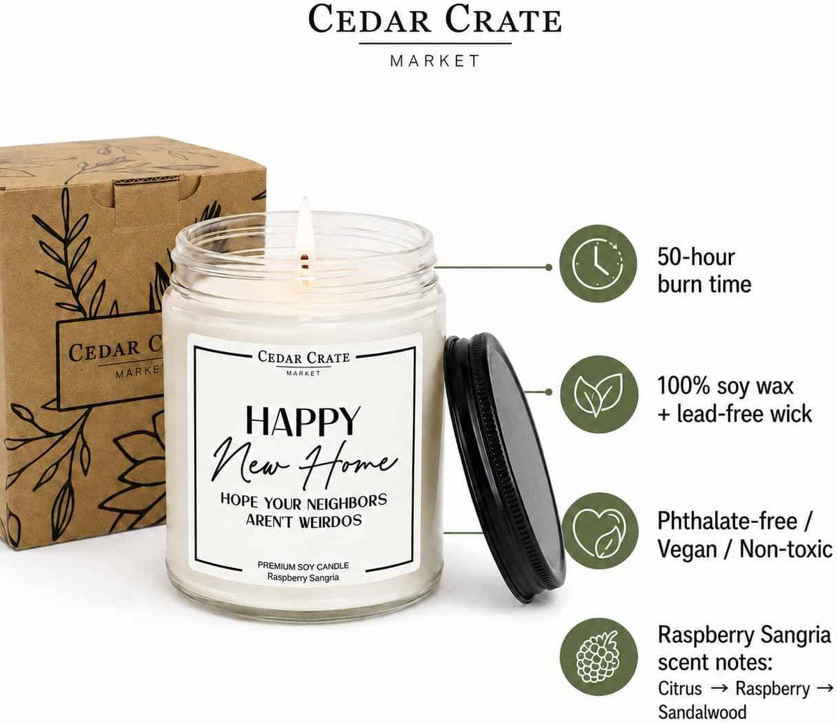 Cedar Crate Market House Warming Gifts New Home – Funny New Homeowner Candle for Women & Men, First Apartment Essentials, Closing Gift for Home Buyers – Raspberry Sangria Soy Candle, Made in USA