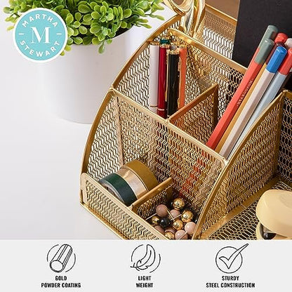Martha Stewart Ryder Mesh Metal Desktop Organizer with Drawer, Gold