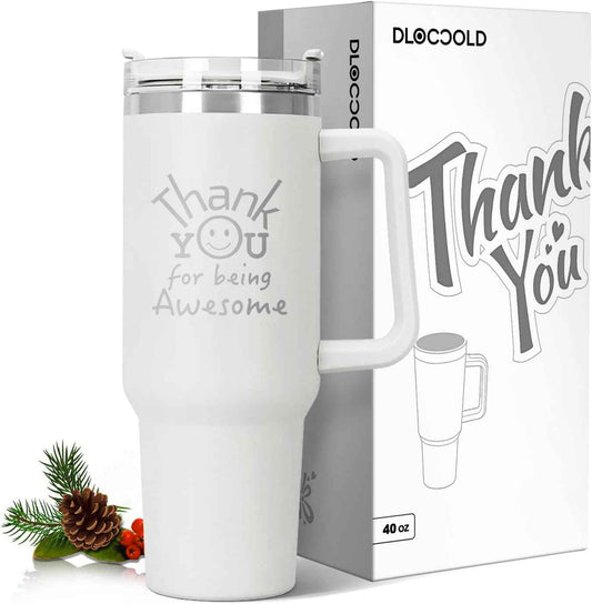 DLOCCOLD Thank You Gifts - Christmas & Birthday Gifts for Coworkers, Teachers & Friends - 40oz Tumbler with Handle, White