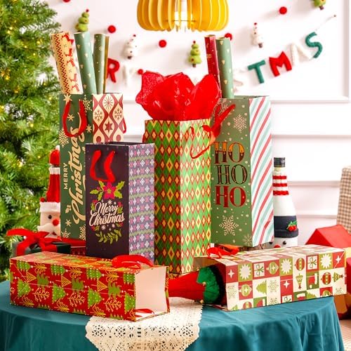 JOYIN 12 PCS Christmas Wine Bottle Bags with 6 Designs, Holiday Wine