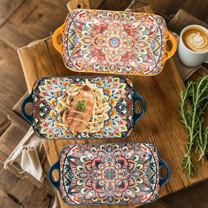 Boho Ceramic Serving Platters with Handles Set of 4, 12Inch Large