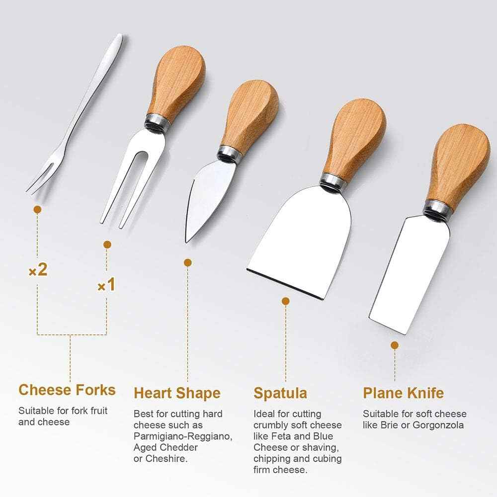 Bamboo Charcuterie Board Set with 4 Cheese Knives, Serving Platter | 4 stainless steel knives, cutting board. Ideal for parties, weddings, wine night, housewarming.