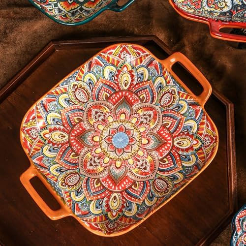 Ceramic Serving Platter with Handles, Set of 2, Bohemian Ceramic