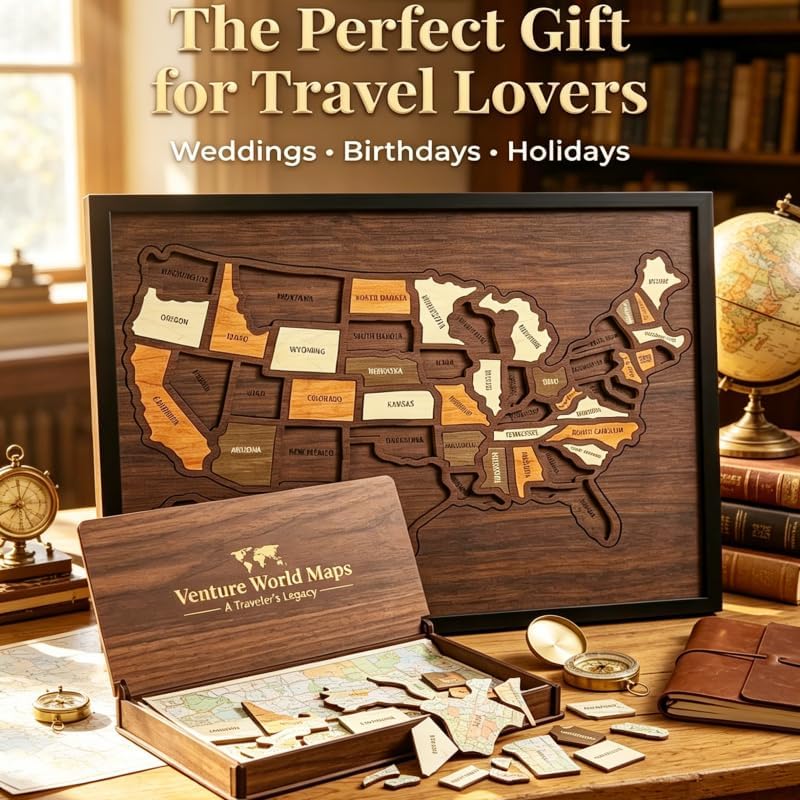 Wooden USA Travel Map Puzzle,Journey Tracker Maps Pin Board for