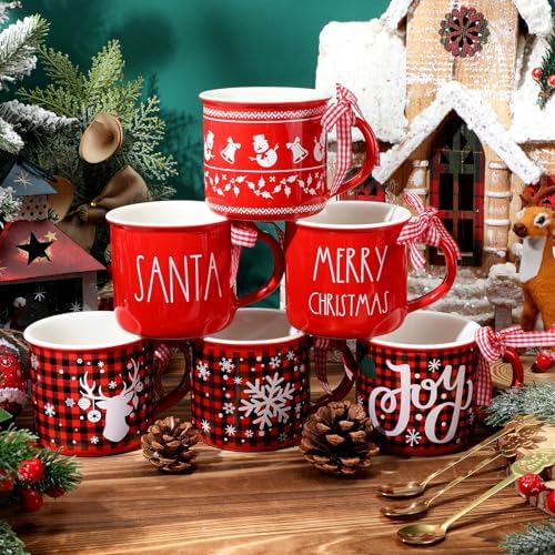 Baderke 6 Set 11 oz Christmas Coffee Mugs Spoons, Plaid