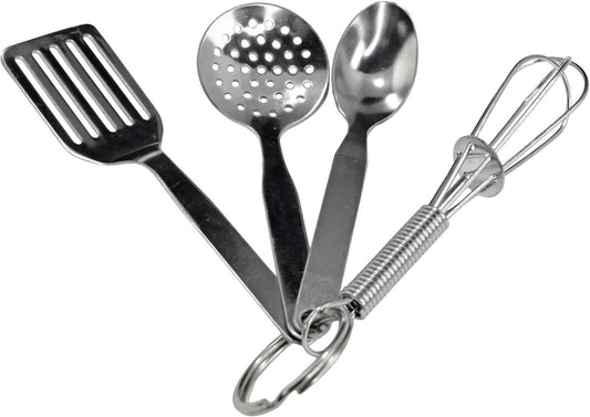 R&M International Mini 3.5" Kitchen Tool Set with Keychain, Includes Whisk, Spatula, Spoon, and Skimmer,Silver