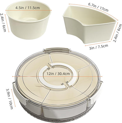 Divided Serving Tray with Lid and Handle, Stackable Snackle Box Container for Fruits Candy Organizer, Portable Spinning Rounded Veggie Tray for Kitchen, Party, Trave and Picnic-2 PACK
