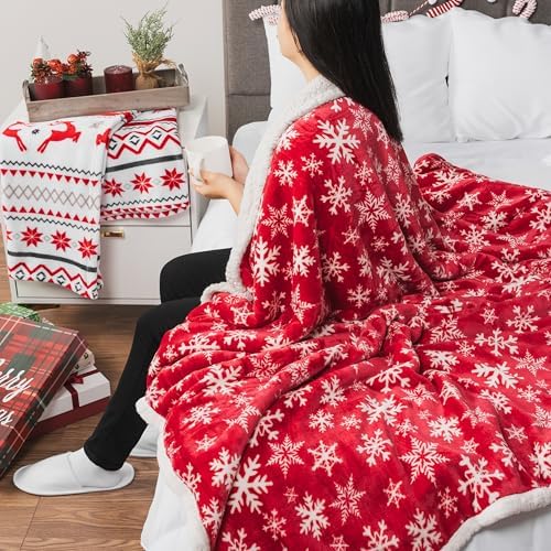 PAVILIA Red Snowflake Christmas Sherpa Throw Blanket, Ultra Soft