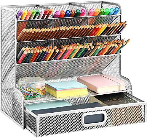 Marbrasse Larger Mesh Desk Organizer with Drawer, Multi-Functional Pen
