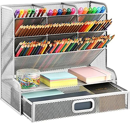 Marbrasse Larger Mesh Desk Organizer with Drawer, Multi-Functional Pen