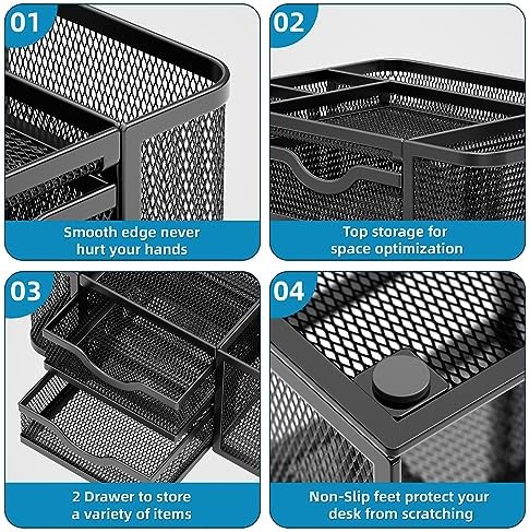 Marbrasse Mesh Desk Organizer, Pen Organizer with 2 Drawer