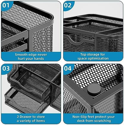 Marbrasse Mesh Desk Organizer, Pen Organizer with 2 Drawer