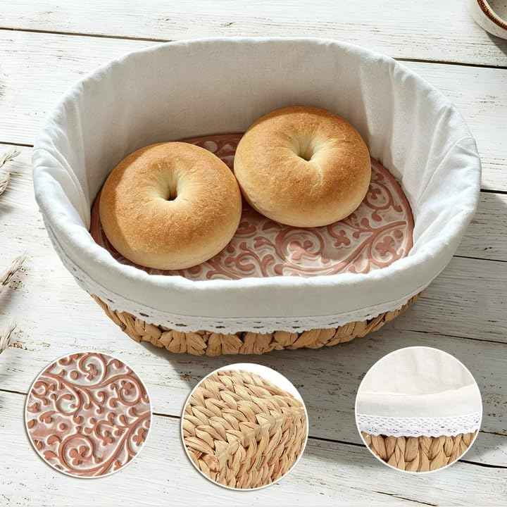 Bread Warmer Basket with Stone - Large Bread Baskets for Serving/House Warming Gifts New Home for Women/Kitchen Gifts for Bakers Hostess