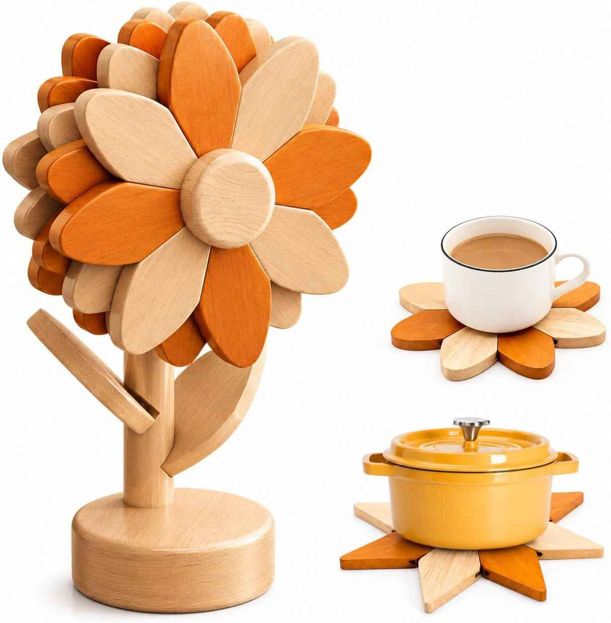Sunflower Trivets for Hot Dishes, 5Pc Wooden Tree Trivet Stand Set | Flippable wooden sunflower petals expand 5.5 to 6.69 in - trivet & coaster in one, doubles as countertop decor