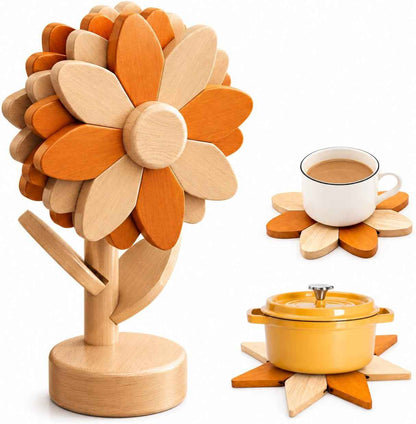 Sunflower Trivets for Hot Dishes, 5Pc Wooden Tree Trivet Stand Set | Flippable wooden sunflower petals expand 5.5 to 6.69 in - trivet & coaster in one, doubles as countertop decor