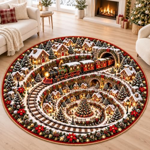 IZI POD 3D Snowy Town Christmas Round Rug, 3D Rugs Optical Illusion