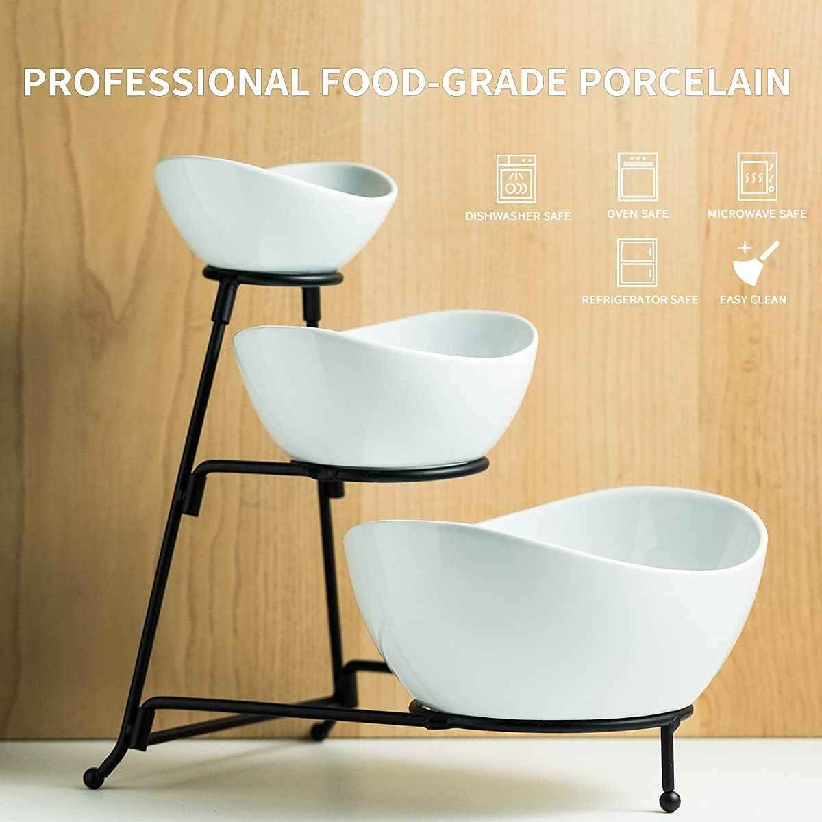 YHOSSEUN 3 Tier Serving Stand with 3 Oval Porcelain Serving Bowl Set | Chip and Dip Serving Dishes For Entertaining, Party, Tiered Sering Tray with Collapsible Thicker Sturdier Metal Rack, Black