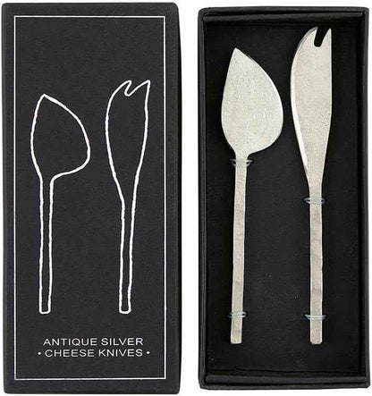 Santa Barbara Design Studio Cheese Knives Gift Set White & Black Cardboard Book Gifts, 2-Pieces, Antiqued Silver