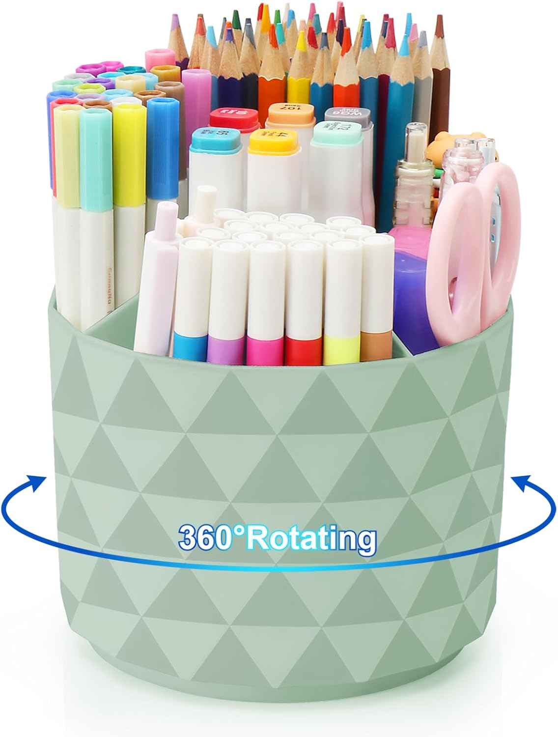Desk Organizer, 360-Degree Rotating Pencil Pen Holders For Desk, Diamond Pattern Pen Organizer With 5 Compartments, Cute Desk Accessories Decor For Office, School,Home,Art Supply (Green)