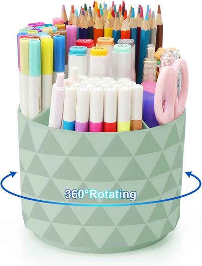 Desk Organizer, 360-Degree Rotating Pencil Pen Holders For Desk, Diamond Pattern Pen Organizer With 5 Compartments, Cute Desk Accessories Decor For Office, School,Home,Art Supply (Green)
