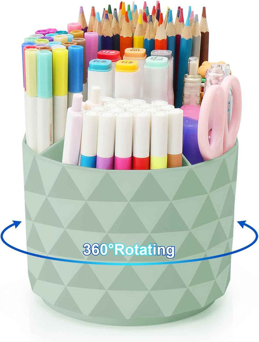 Desk Organizer, 360-Degree Rotating Pencil Pen Holders For Desk, Diamond Pattern Pen Organizer With 5 Compartments, Cute Desk Accessories Decor For Office, School,Home,Art Supply (Green)