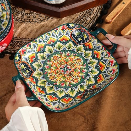 Ceramic Serving Platter with Handles, Set of 2, Bohemian Ceramic
