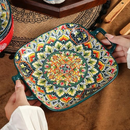 Ceramic Serving Platter with Handles, Set of 2, Bohemian Ceramic