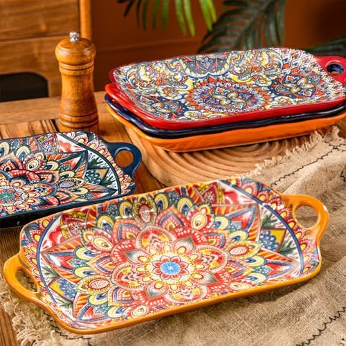 Boho Ceramic Serving Platters with Handles Set of 4, 12Inch Large