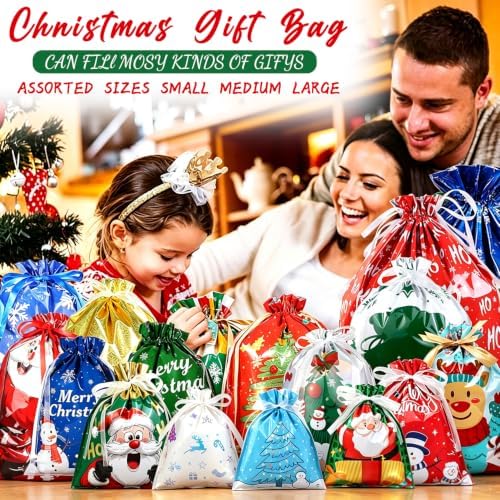 BWFY 40 Pcs Christmas Drawstring Gift Bags, 6 Sizes, 17 Patterns