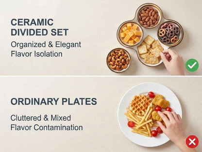 ONEMORE Chip and Dip Serving Set, 8.5 inch Ceramic Divided Serving Platter Small Appetizer Tray with 4 Removable Dishes for Nuts, Candy, Snacks, Veggies, Rustic Serving Bowls for Entertaining