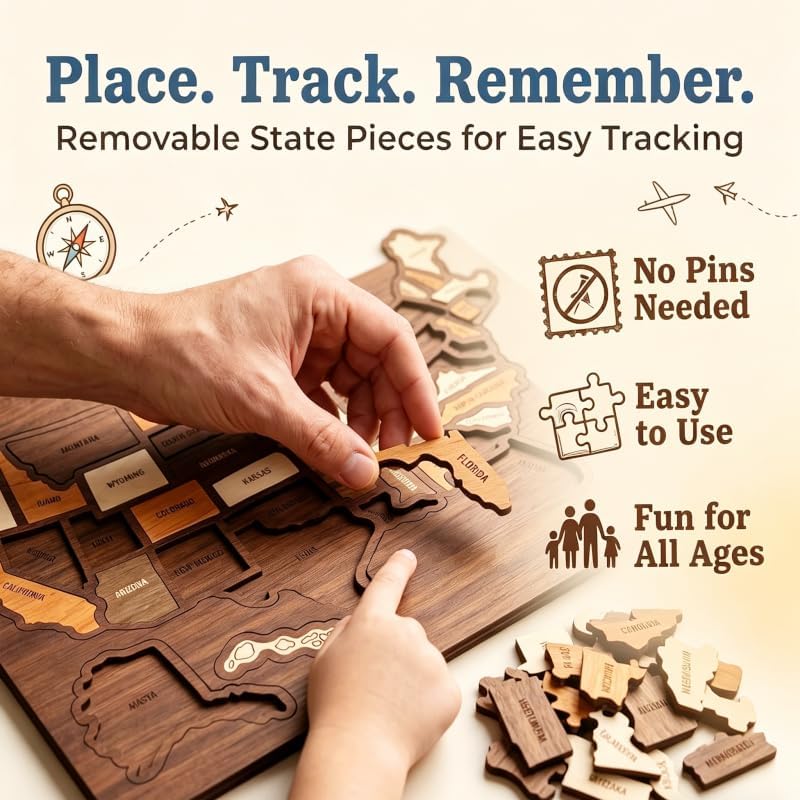 Wooden USA Travel Map Puzzle,Journey Tracker Maps Pin Board for
