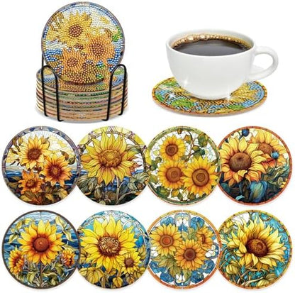 Sunflower Diamond Art Painting Coasters - 8 PCS Colorful Glass Diamond