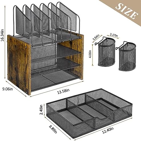 DAOUTIME 4-Tier Mesh Desk Organizer, Wooden Desk File Organizer with 5