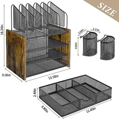 DAOUTIME 4-Tier Mesh Desk Organizer, Wooden Desk File Organizer with 5